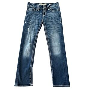 BKE Addison Crop Jeans Womens 27 Dark Wash Distressed Low Rise White Stitching